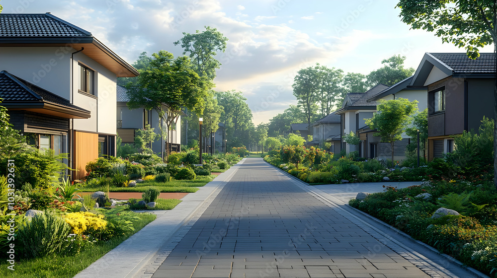 Serene residential street lined with lush greenery and modern homes. Serene residential street lined with lush greenery and modern homes.