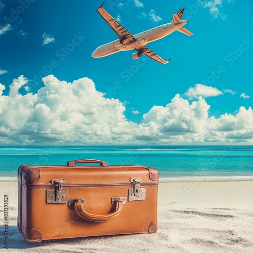 Travel vacation banner with suitcase on beach and plane flying, perfect for holiday promotions photo