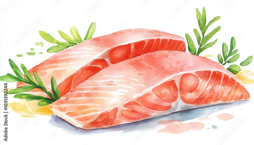 Fresh salmon fillets with herbs on a white isolate background. Fresh salmon fillets with herbs on a white isolate background.