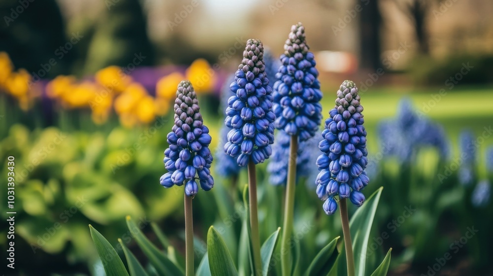 Blue spring flowers in full bloom, the soft-focus background creating a dreamy and tranquil effect. Blue spring flowers in full bloom, the soft-focus background creating a dreamy and tranquil effect.