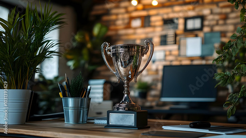 A trophy on a desk surround...