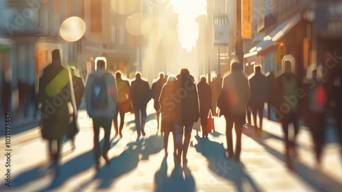 Abstract cityscape with diverse people walking with layered figures and urban textures. Back view of people crowded and walked with blurring background. Digital art for creative art design. AIG51.