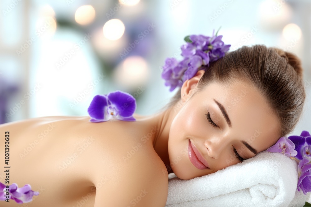 Relaxing spa experience with a woman enjoying a peaceful massage surrounded by beautiful purple flowers. Relaxing spa experience with a woman enjoying a peaceful massage surrounded by beautiful purple flowers.