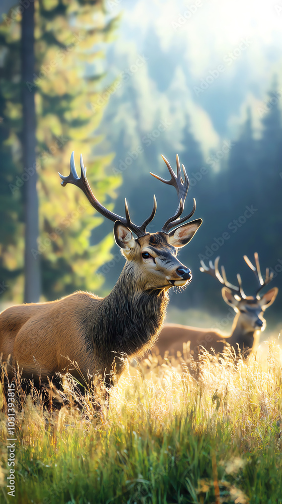 Obraz premium A front view of a family of deer grazing in a meadow at the edge of a forest