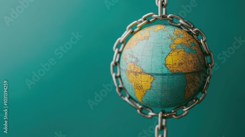 Chained and padlocked globe symbolizing the concept of restricted international trade locked global economy and policy barriers hindering free movement of goods and services between countries photo