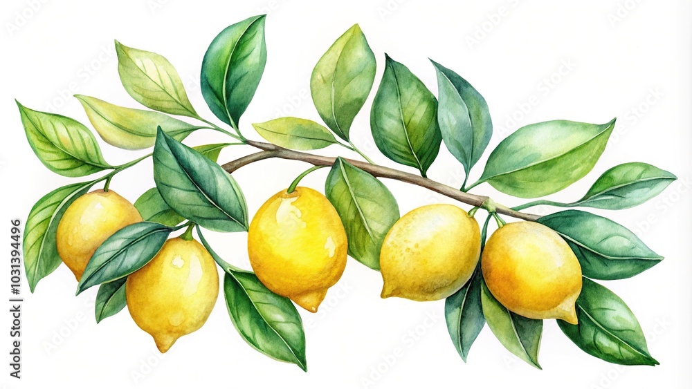 High angle lemon branch watercolor painting isolated on a white background High angle lemon branch watercolor painting isolated on a white background