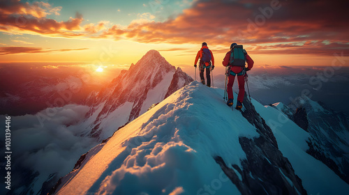Climbers ascend a snowy pea...