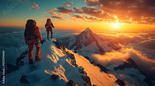 Climbers atop a snowy peak ...