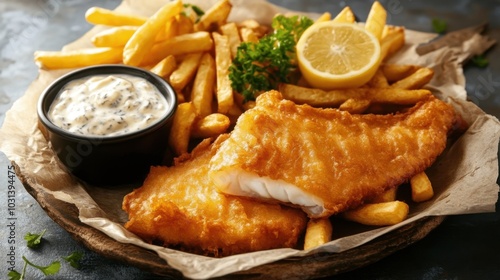 Classic British fish and chips meal with golden-brown fish fillets and crispy fries, served with tartar sauce on a rustic plate