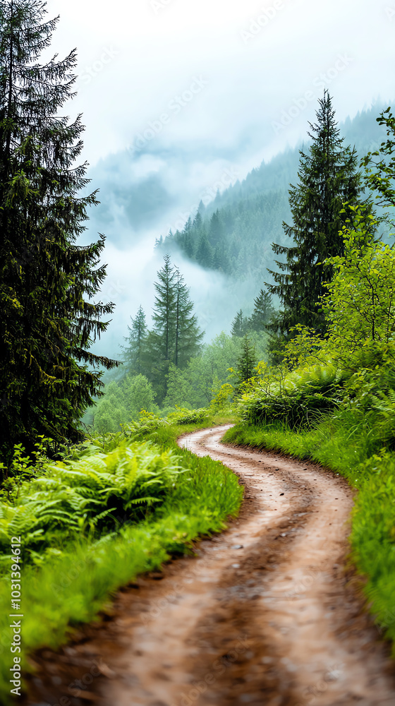 A side view of a path winding through a misty, ancient forest filled with ferns and mosscovered trees A side view of a path winding through a misty, ancient forest filled with ferns and mosscovered trees