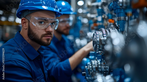 Workers in safety gear inspecting industrial machinery and valves.