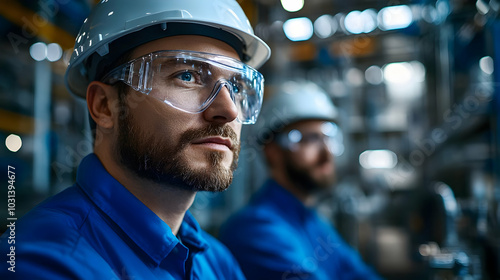 Two workers in safety gear ...