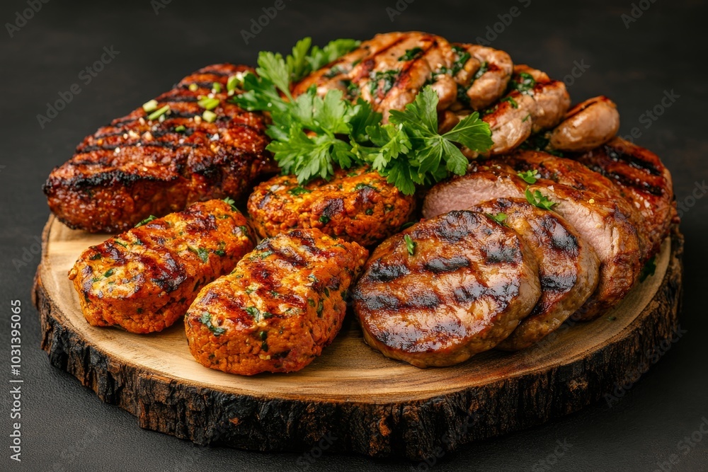 Delicious vegan assortment of grilled mock meats for a plant-based feast Delicious vegan assortment of grilled mock meats for a plant-based feast