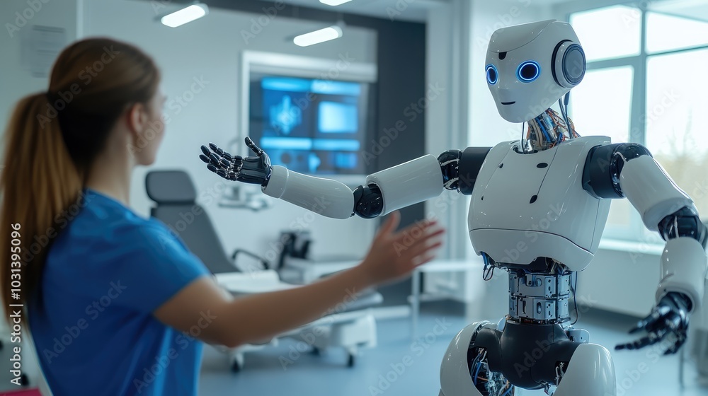AI robot assisting in patient rehabilitation exercises with guidance from a physician in a modern clinic AI robot assisting in patient rehabilitation exercises with guidance from a physician in a modern clinic