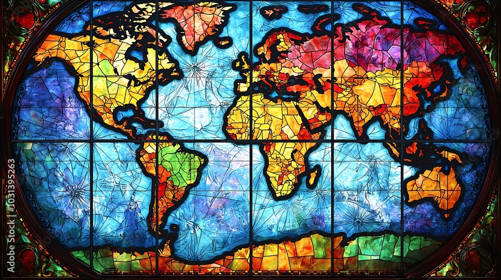 Fototapeta premium Colorful Stained Glass World Map Window