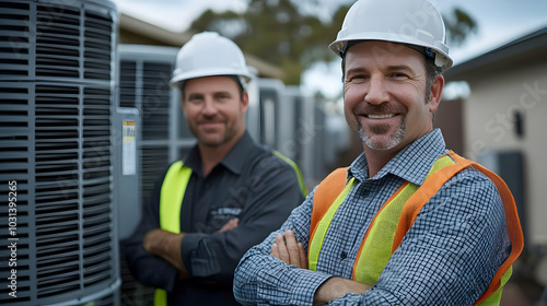 Two men in safety gear pose...