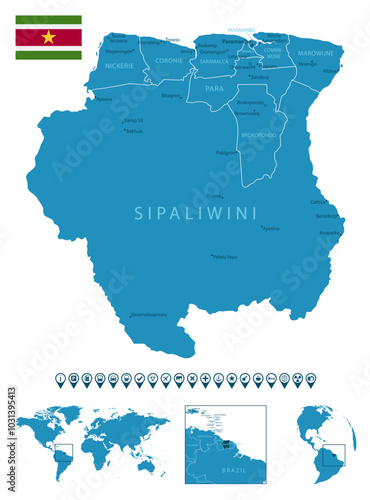 Suriname - detailed blue country map with cities, regions, location on world map and globe. Infographic icons. Vector illustration