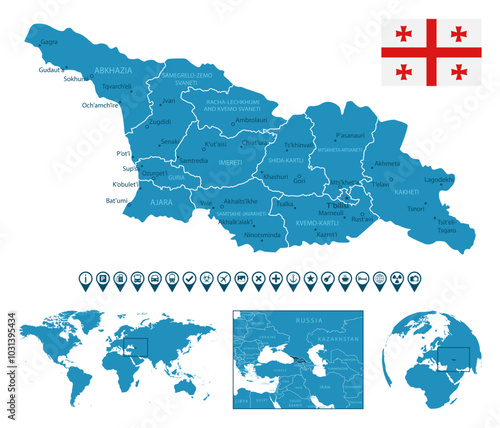 Georgia - detailed blue country map with cities, regions, location on world map and globe. Infographic icons. Vector illustration