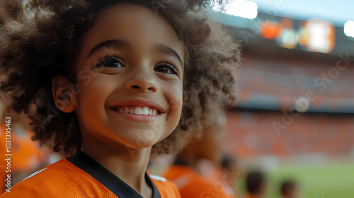 A joyful child in an orange...