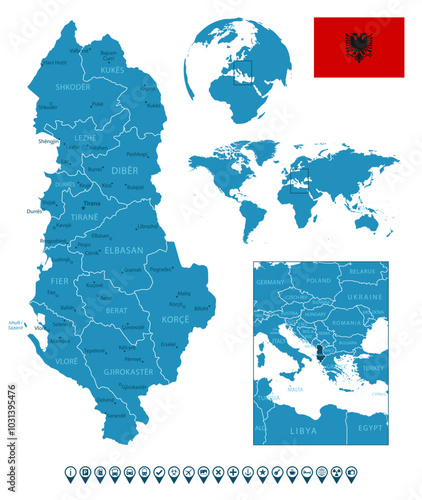 Albania - detailed blue country map with cities, regions, location on world map and globe. Infographic icons. Vector illustration
