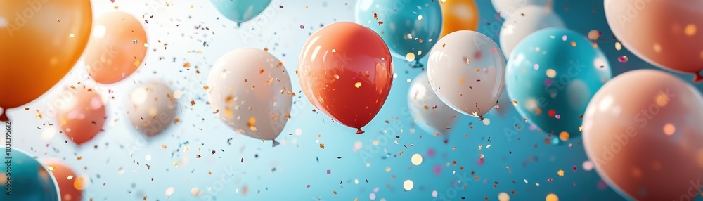 Colorful Balloons and Confetti Floating in the Air Against a Bright Blue Sky, Perfect for Celebrations and Festive Occasions Colorful Balloons and Confetti Floating in the Air Against a Bright Blue Sky, Perfect for Celebrations and Festive Occasions