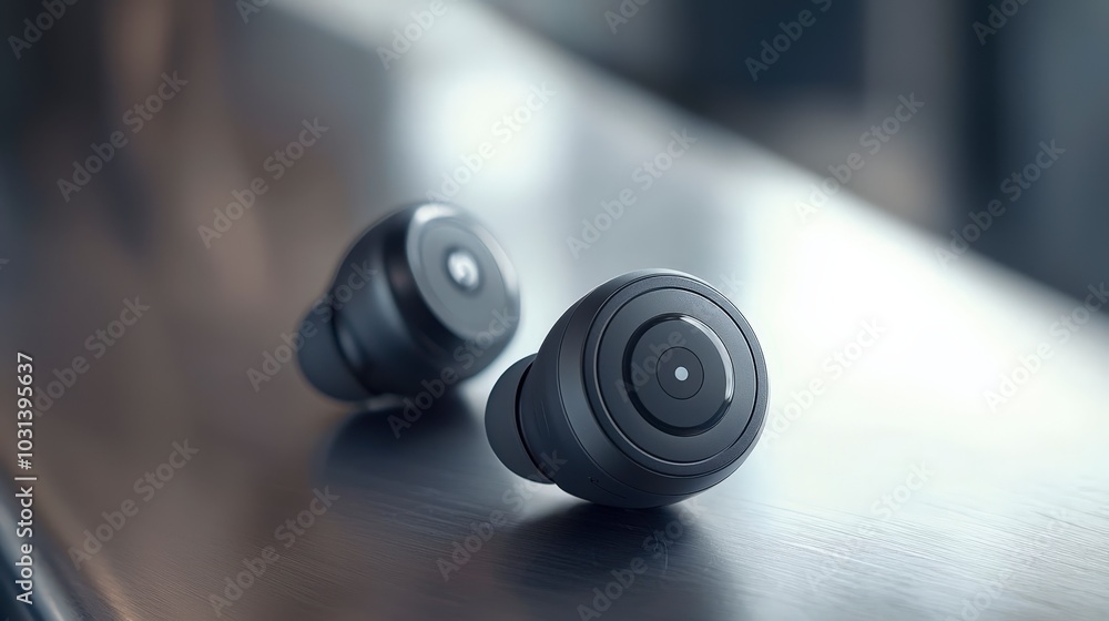 Sleek wireless earbuds resting on a reflective surface in modern setting Sleek wireless earbuds resting on a reflective surface in modern setting