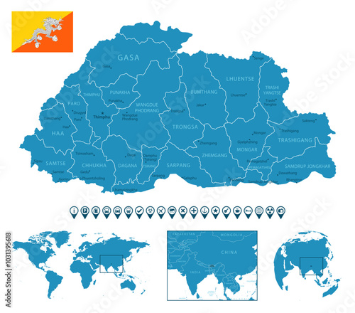 Bhutan - detailed blue country map with cities, regions, location on world map and globe. Infographic icons. Vector illustration