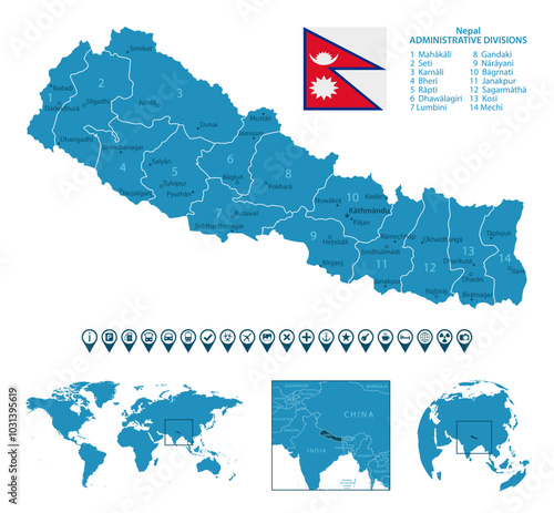 Nepal - detailed blue country map with cities, regions, location on world map and globe. Infographic icons. Vector illustration