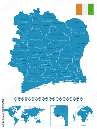 Ivory Coast - detailed blue country map with cities, regions, location on world map and globe. Infographic icons. Vector illustration