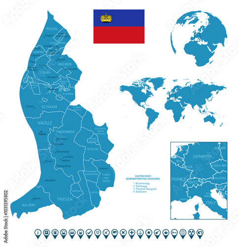 Liechtenstein - detailed blue country map with cities, regions, location on world map and globe. Infographic icons. Vector illustration