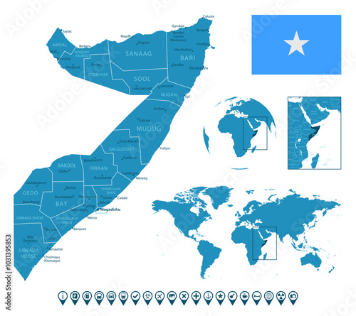 Somalia - detailed blue country map with cities, regions, location on world map and globe. Infographic icons. Vector illustration