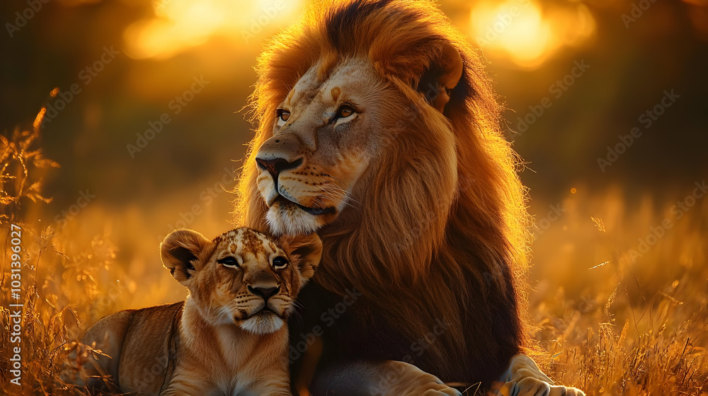 Fototapeta premium A lion and cub resting together in a golden sunset landscape.