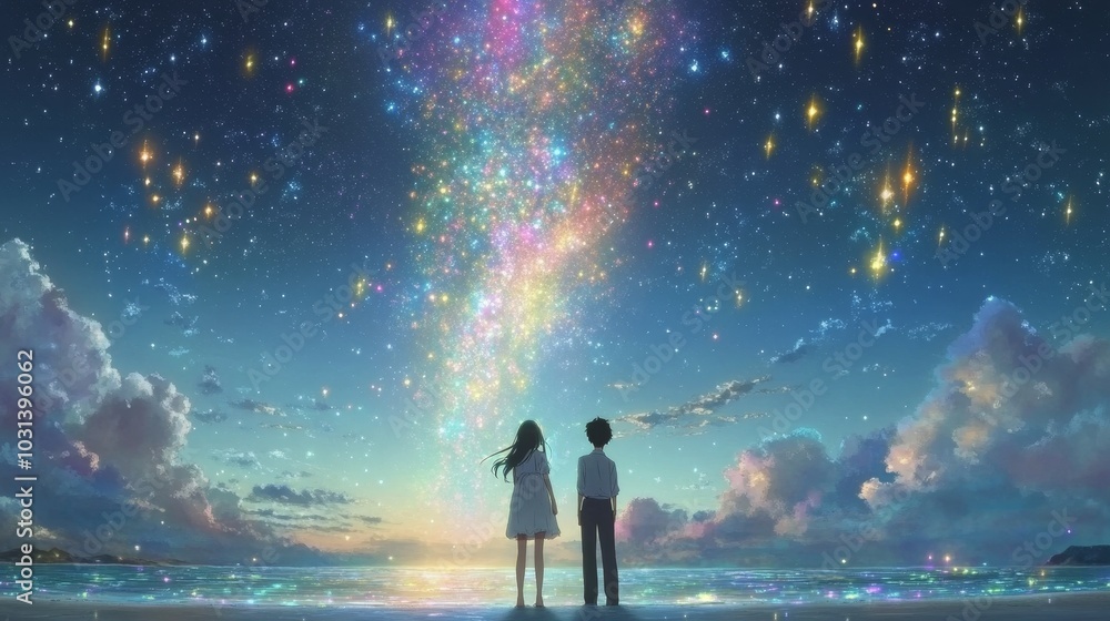 A breathtaking scene with a boy and girl gazing at a starry sky, symbolizing wonder, connection, dreams, adventure, and love. A breathtaking scene with a boy and girl gazing at a starry sky, symbolizing wonder, connection, dreams, adventure, and love.