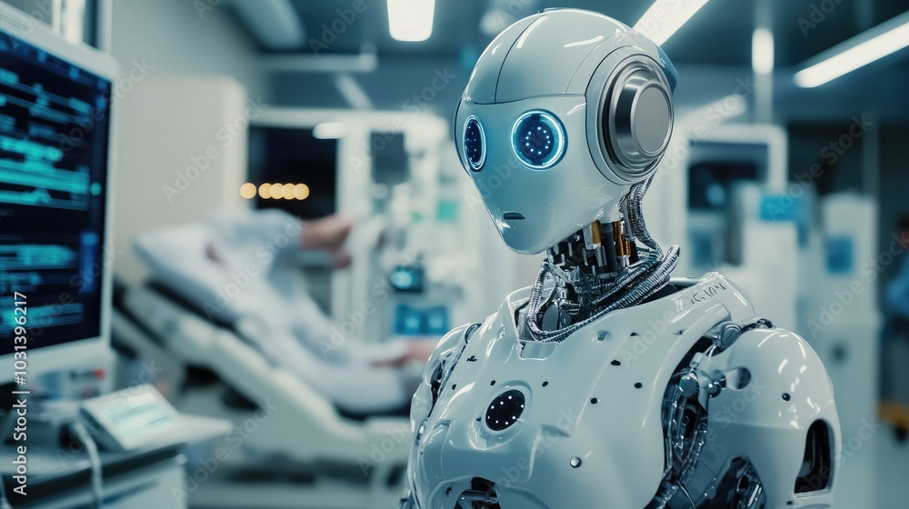 AI robot supporting a doctor in a busy emergency room with advanced diagnostic and treatment tools AI robot supporting a doctor in a busy emergency room with advanced diagnostic and treatment tools