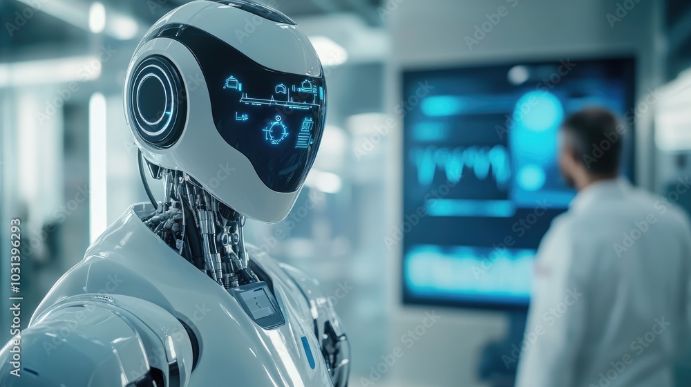 AI robot supporting a physician in patient diagnostics and treatment planning in a futuristic healthcare environment AI robot supporting a physician in patient diagnostics and treatment planning in a futuristic healthcare environment