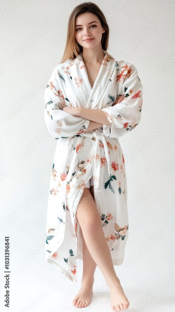 Woman wearing white floral robe, sitting on porch swing at sunset. Serene expression, surrounded by lush greenery and warm golden light. Woman wearing white floral robe, sitting on porch swing at sunset. Serene expression, surrounded by lush greenery and warm golden light.