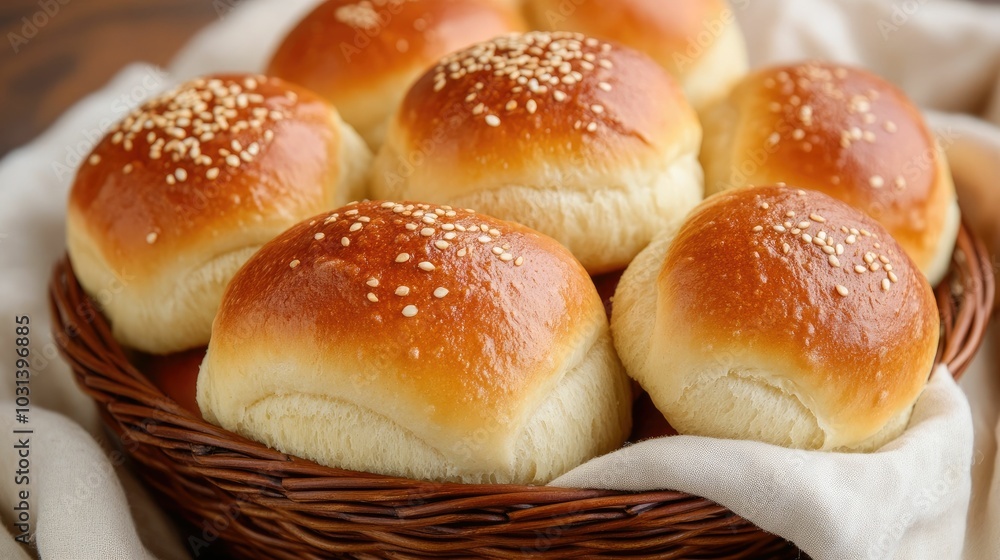 Closeup of a wicker basket filled with warm golden brown dinner rolls fresh from the oven The soft fluffy rolls are sprinkled with sesame seeds Closeup of a wicker basket filled with warm golden brown dinner rolls fresh from the oven The soft fluffy rolls are sprinkled with sesame seeds