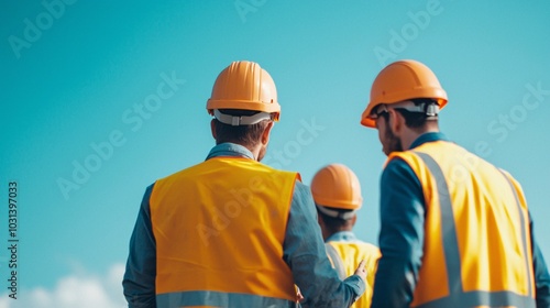 Construction workers collaborate under clear skies emphasizing safety and teamwork in the industry environment