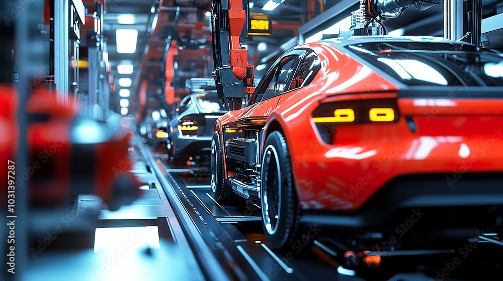 An automotive factory producing autonomous vehicles, with robots assembling smart cars designed for the future An automotive factory producing autonomous vehicles, with robots assembling smart cars designed for the future