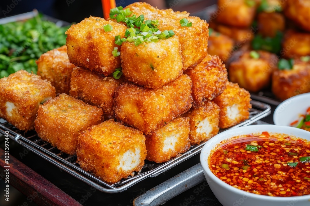 Deliciously golden and crispy deep-fried tofu a delightful vegan treat Deliciously golden and crispy deep-fried tofu a delightful vegan treat