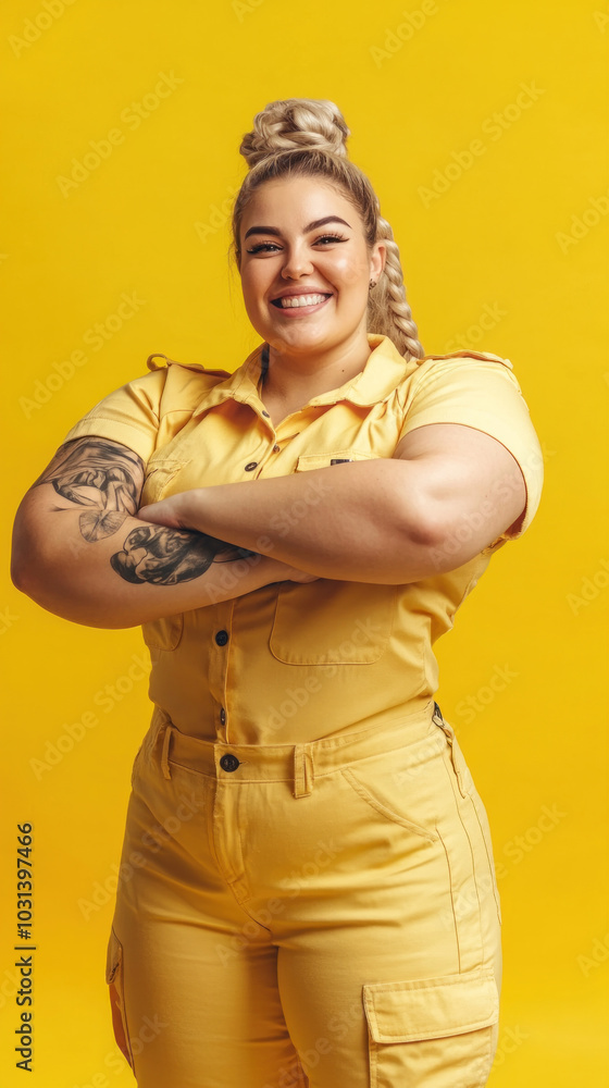 Woman in yellow shirt and pants holding a bouquet of sunflowers, smiling in a sunny field with a clear blue sky. Woman in yellow shirt and pants holding a bouquet of sunflowers, smiling in a sunny field with a clear blue sky.