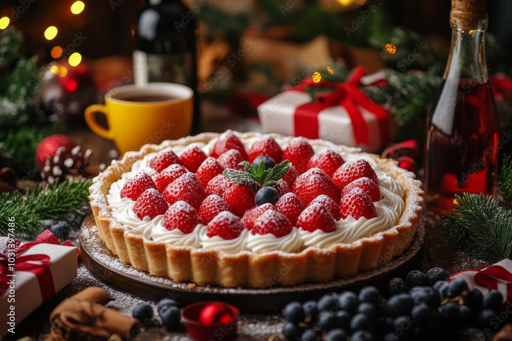 A delightful strawberry tart topped with whipped cream and a dusting of powdered sugar, perfect for a festive gathering, holiday dessert, or special occasion. A delightful strawberry tart topped with whipped cream and a dusting of powdered sugar, perfect for a festive gathering, holiday dessert, or special occasion.