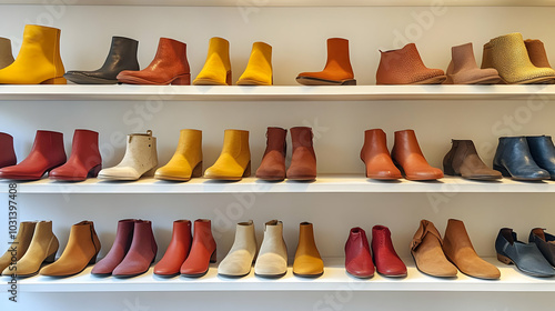 A display of colorful boots arranged on shelves.