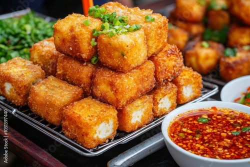 Deliciously golden and crispy deep-fried tofu a delightful vegan treat photo