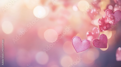 Blush pink canvas with floating heart shapes and a gentle bokeh effect, creating a soft and romantic Valentines Day look