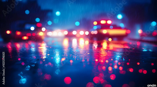 A vibrant, rainy city scene...