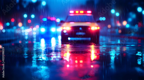 A police car with flashing lights in a rainy urban setting.