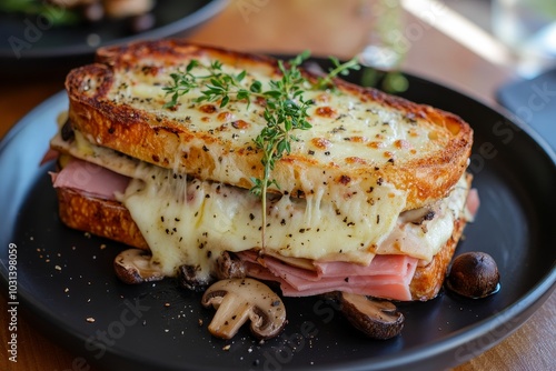 A golden brown Croque Monsieur sandwich with melted raclette cheese, ham, herbs, and mushrooms, served on a black plate.