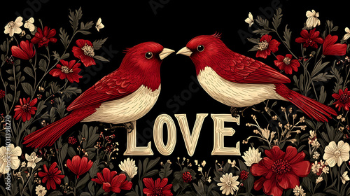 Two red birds surrounded by...