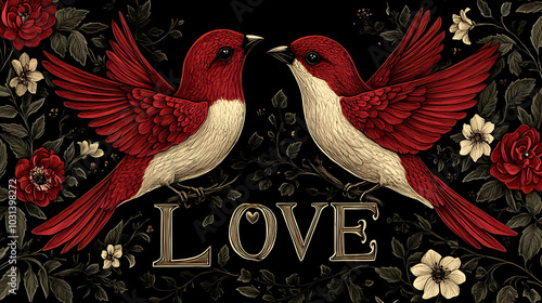 Two red birds facing each o...